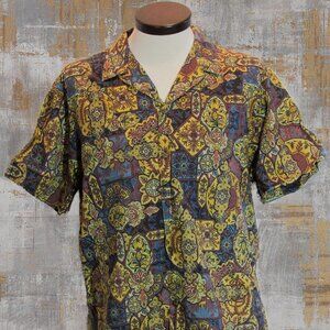 Vintage Kole Kole Hawaiian Mens Shirt Floral All Over Print XL Blue Gold USA